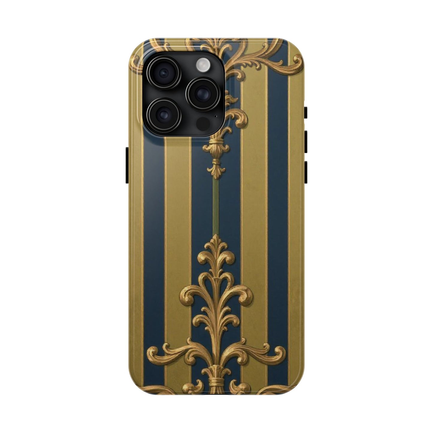 Elegant Midnight Blue & Olive Striped Gold Baroque Tough Phone Case, Phone Cover, Durable Case for Protection, Stylish Gift for Him/Her