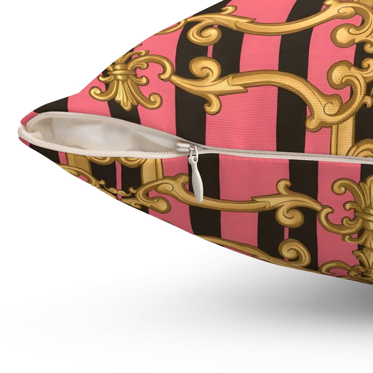 Luxurious Decorative Throw Pillow, Elegant Home Decor, Baroque Accent Cushion - Pink & Black Striped Gold Baroque