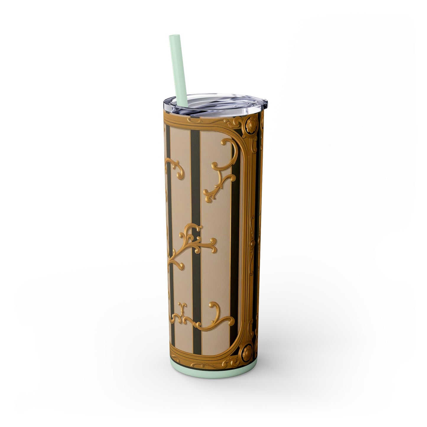 Skinny Tumbler with Straw, 20oz - Beige Striped Gold Rococo