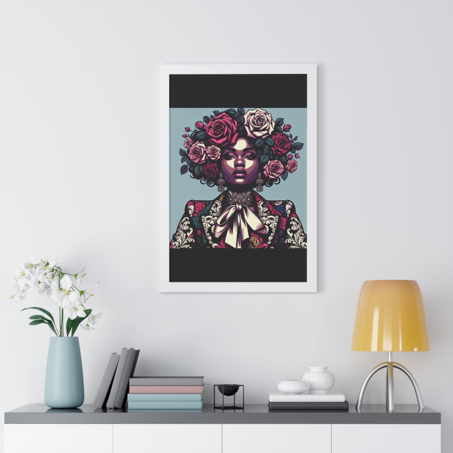Vertical Poster -  Lady In Damask Suit & Roses Wall Art