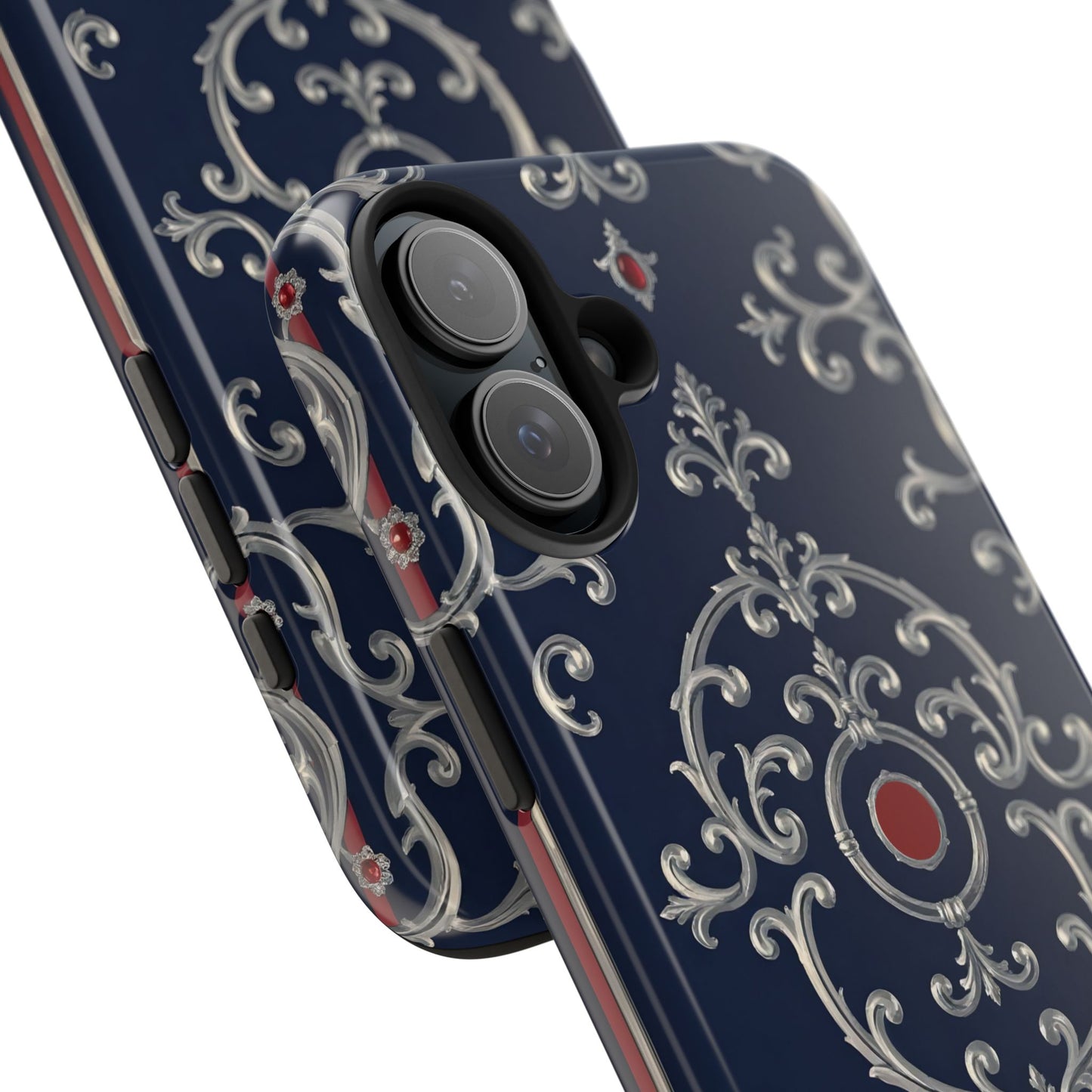 Elegant Patterned Tough Phone Cases for Stylish Protection, Gift for Her, Unique Accessories - Blue & Red Striped Silver Baroque