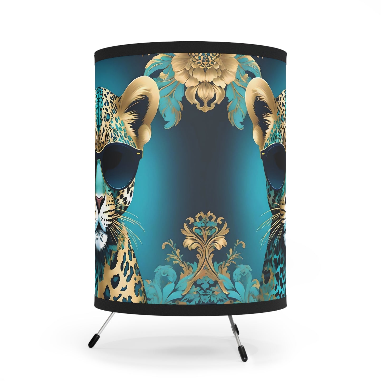 Tripod Lamp - Elegant Vintage Floral Print Home Accent - Aqua & Gold Leopard In Sunglasses Design