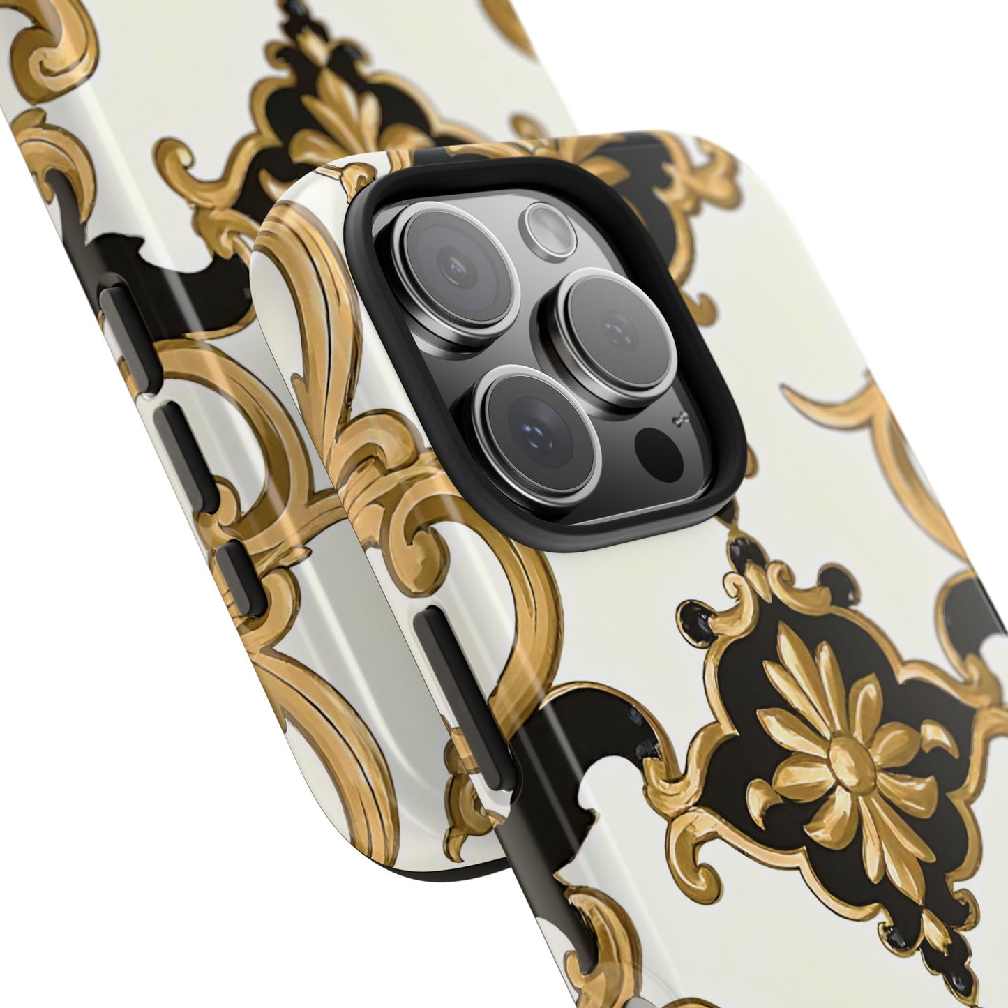 Elegant Floral Tough Phone Cases, Durable Phone Cover, Stylish Phone Accessories, Gift for Her, Chic Phone Cases - Black & Gold Rococo