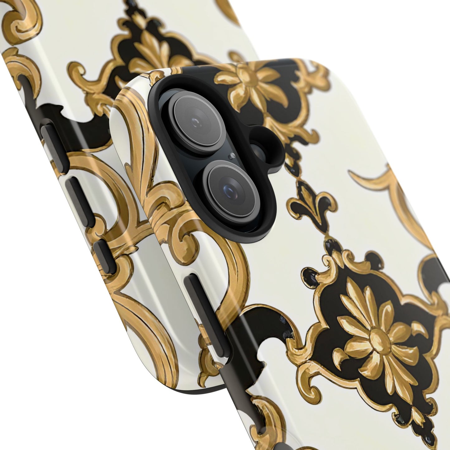 Elegant Floral Tough Phone Cases, Durable Phone Cover, Stylish Phone Accessories, Gift for Her, Chic Phone Cases - Black & Gold Rococo