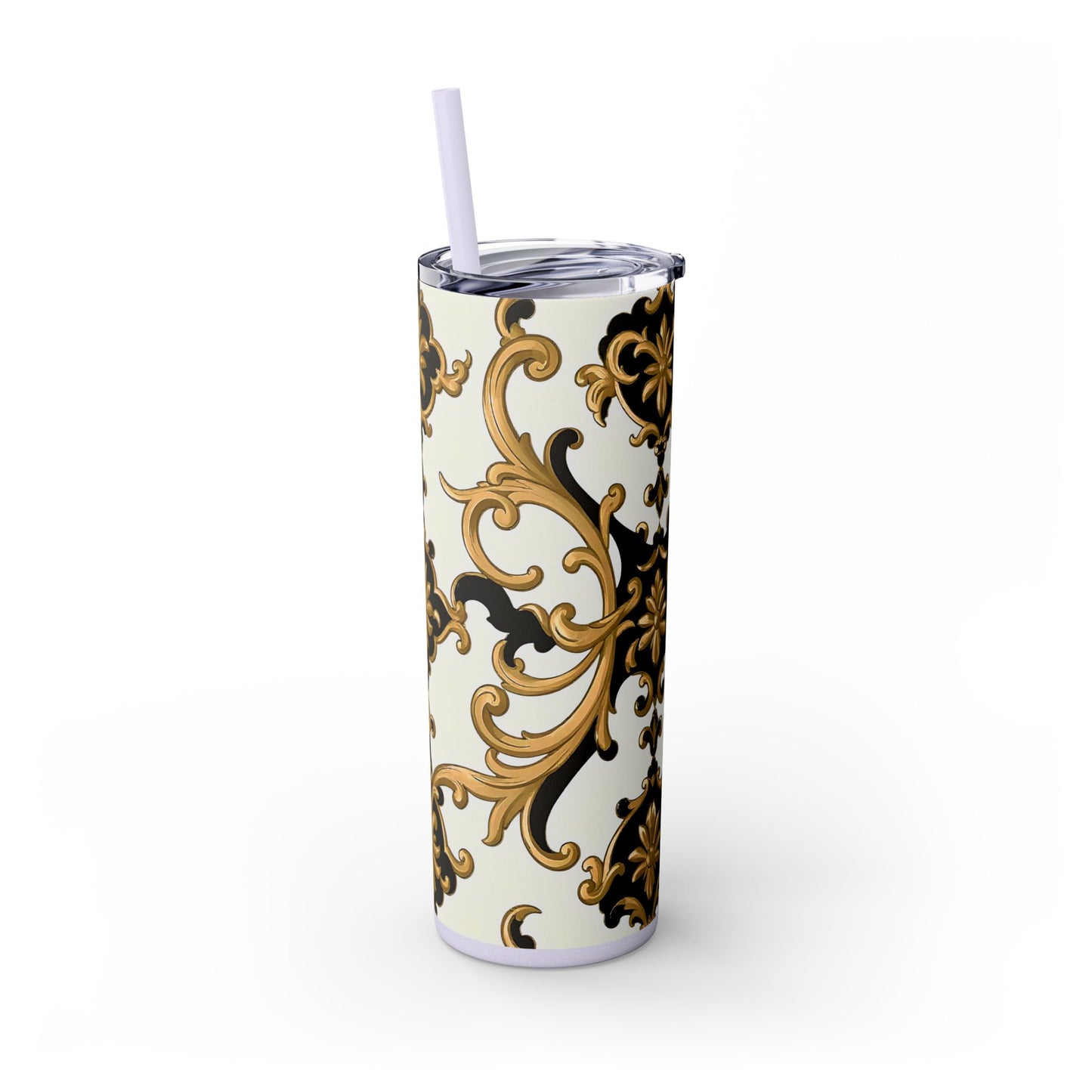 Elegant Gold Floral Skinny Tumbler, 20oz | Insulated Cup for Hot & Cold Drinks, Travel Mug, Gift for Mom, Stylish Drinkware - Black & Gold Rococo