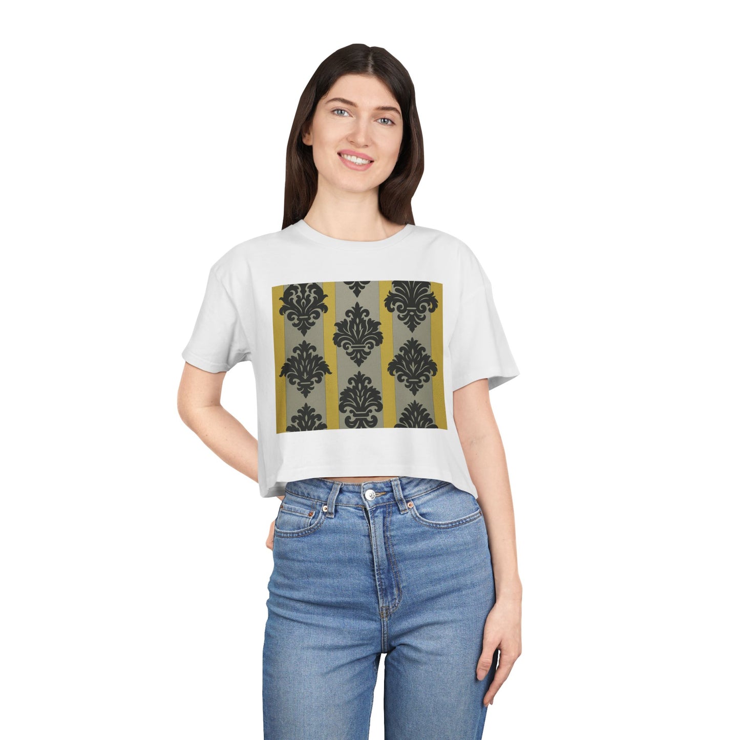 Chic Vintage Crop Tee | Stylish Women's Tee for Casual Outings, Gifts, Festivals, Layering, Everyday Wear - Silver & Gold Striped Black Baroque