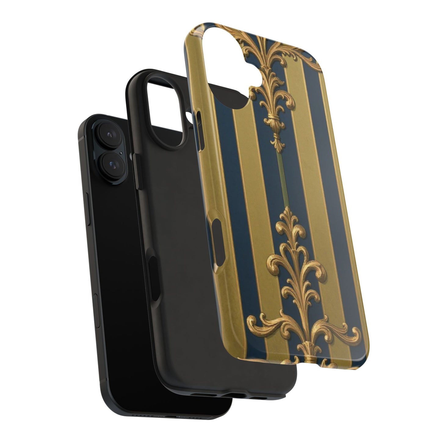 Elegant Midnight Blue & Olive Striped Gold Baroque Tough Phone Case, Phone Cover, Durable Case for Protection, Stylish Gift for Him/Her