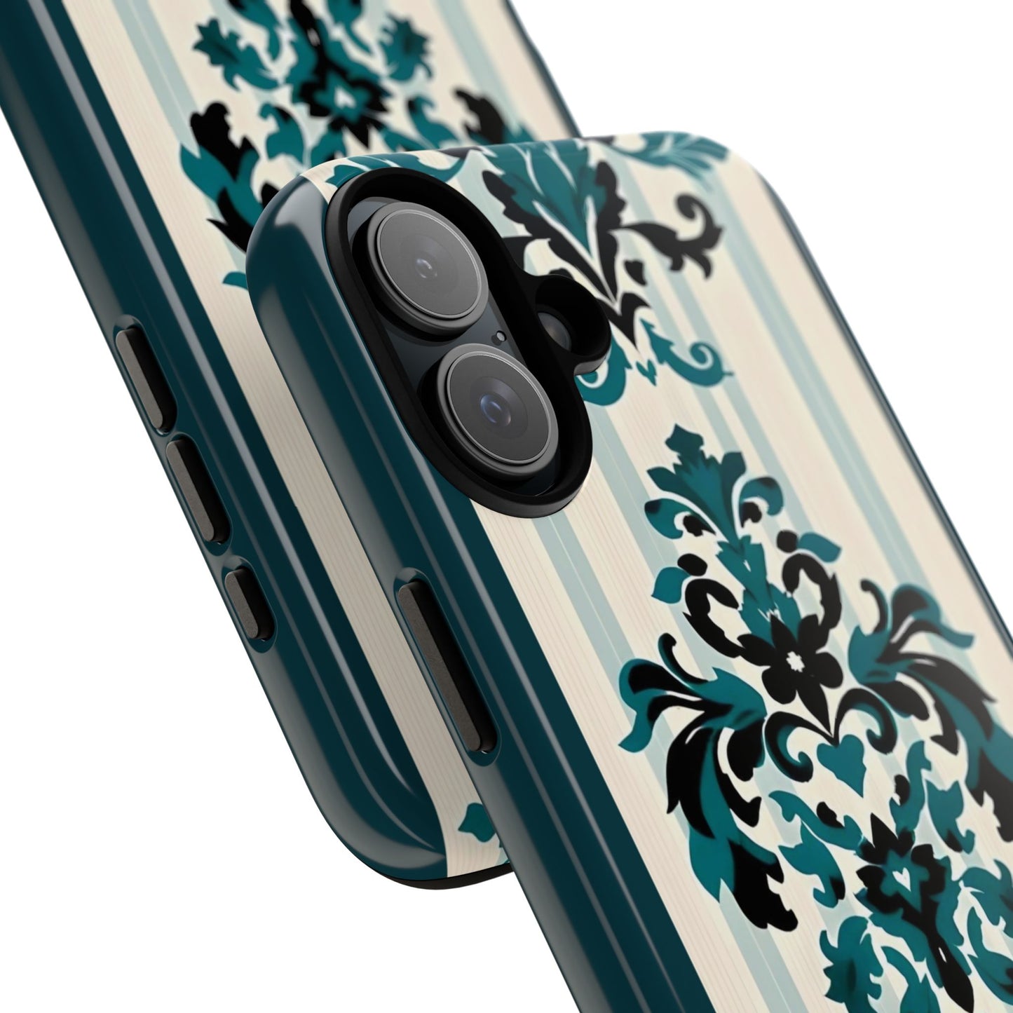 Elegant Floral Phone Case - Tough Cases with Vintage Design - Teal Striped Damask