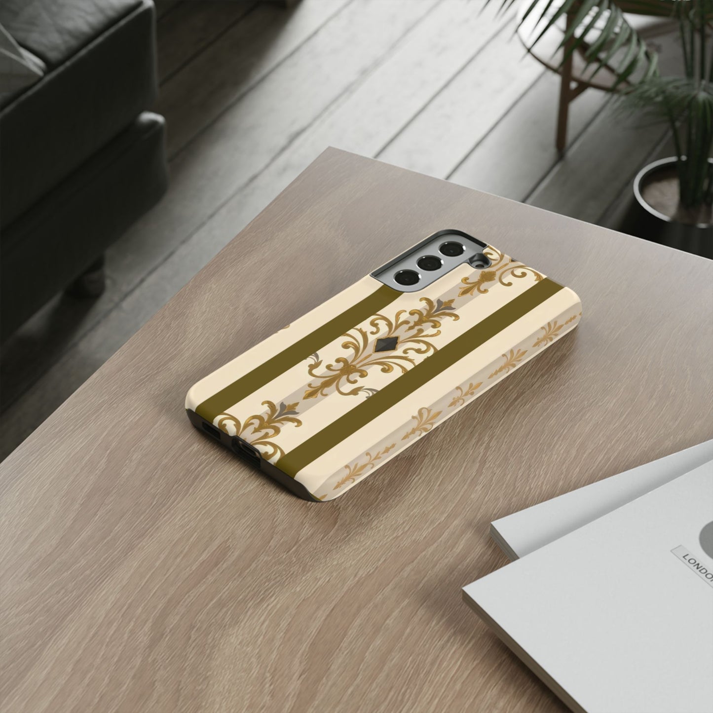 Elegant Floral Motif Phone Case - Tough Cases with Vintage Design - Olive Striped Gold Damask