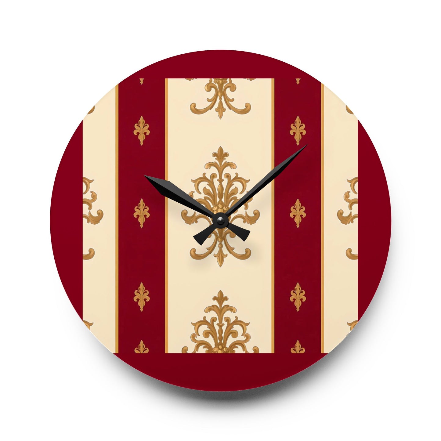 Bohemian Damask-Inspired Acrylic Wall Clock with Floral Design - Dusk Red Striped Gold Damask