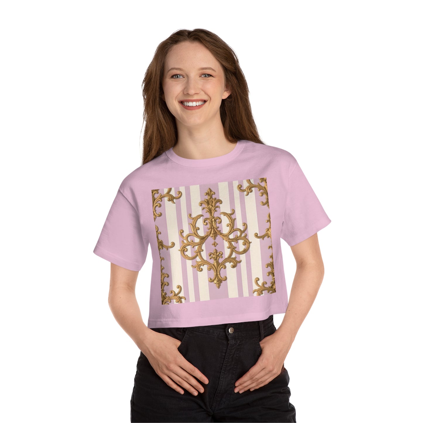 Chic Heritage Cropped T-Shirt | Stylish Graphic Tee, Vintage-Inspired, Casual Top, Summer Fashion, Gift for Her - Lilac & Alabaster Striped Gold Baroque