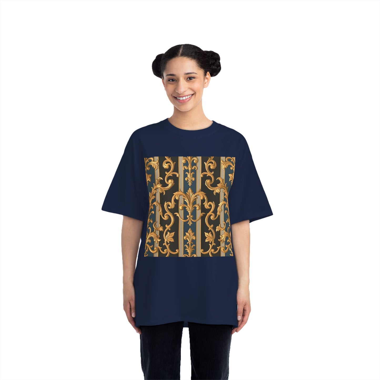 Ornate Gold Pattern Short-Sleeve T-Shirt, Stylish Casual Wear, Unique Graphic Tee - Blue & Black Striped Rococo