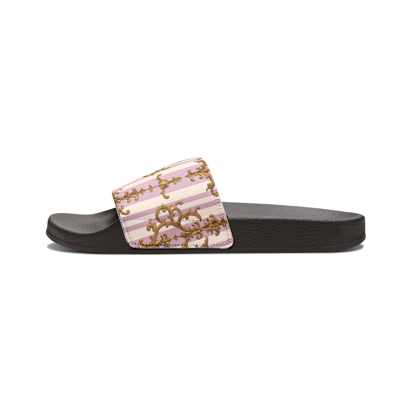 Stylish Women's Sandals with Removable Straps, Comfortable Summer Footwear, Trendy Slippers for Beach - Lilac & Alabaster Striped Gold Baroque