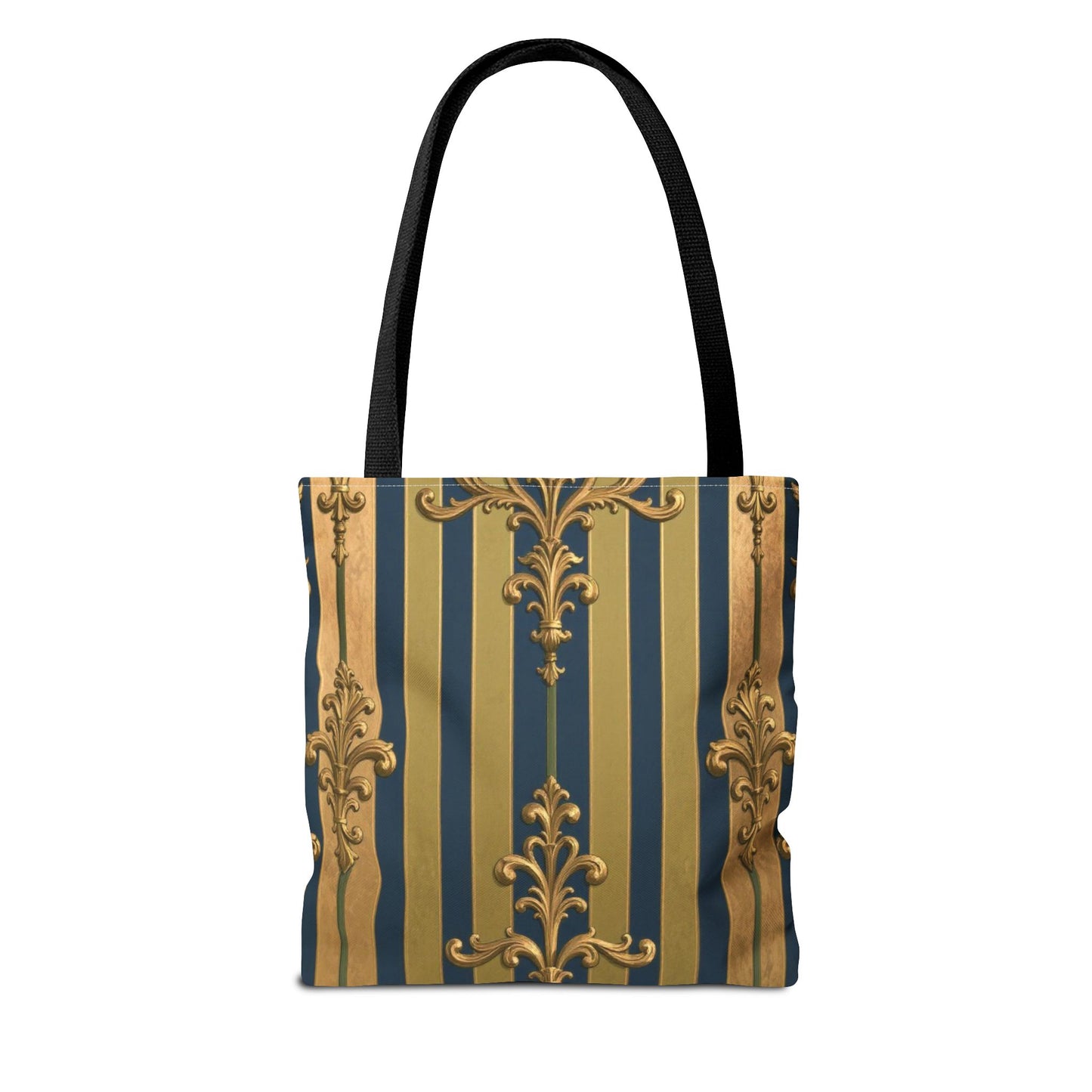 Elegant Midnight Blue & Olive Striped Gold Baroque Golden Striped Tote Bag, Stylish Shopping Bag, Trendy Handbag, Chic Gift for Her