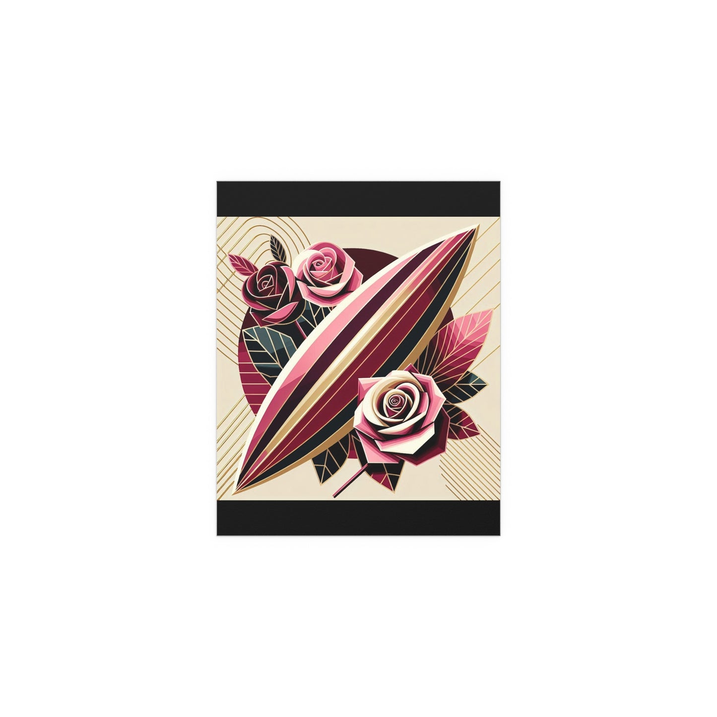 Elegant Floral Silk Poster - Indoor/Outdoor Wall Art for Home Decor - Pink & Burgundy Striped Surfboard & Roses