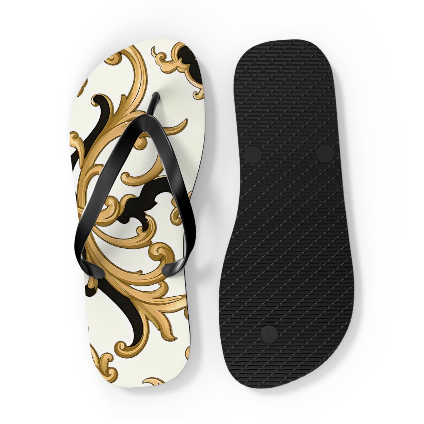 Elegant Floral Flip Flops, Beach Sandals, Summer Casual Footwear, Vacation Essentials, Poolside Accessories, Gift for Her - Black & Gold Rococo