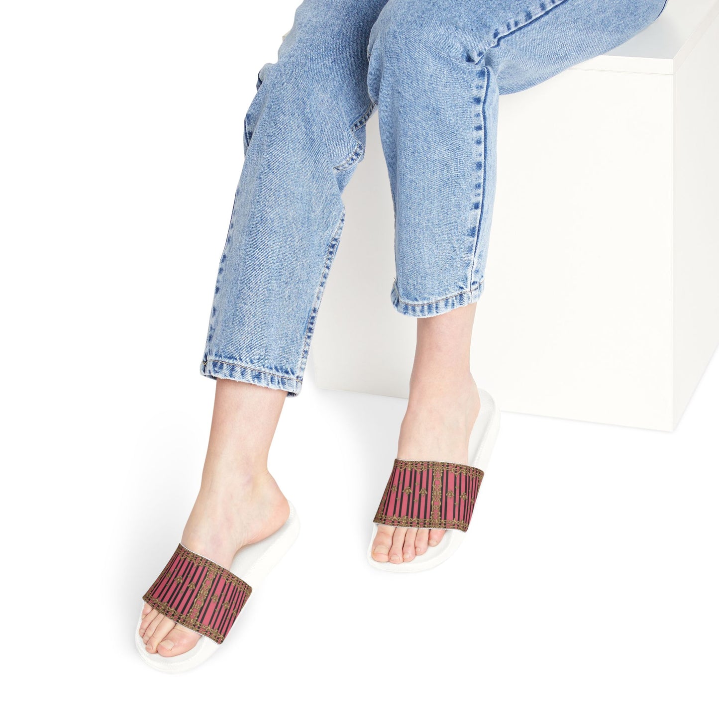 Chic Women's Removable-Strap Sandals - Stylish Summer Footwear, Casual Pool Slides, Vacation Ready - Pink Striped Gold Rococo