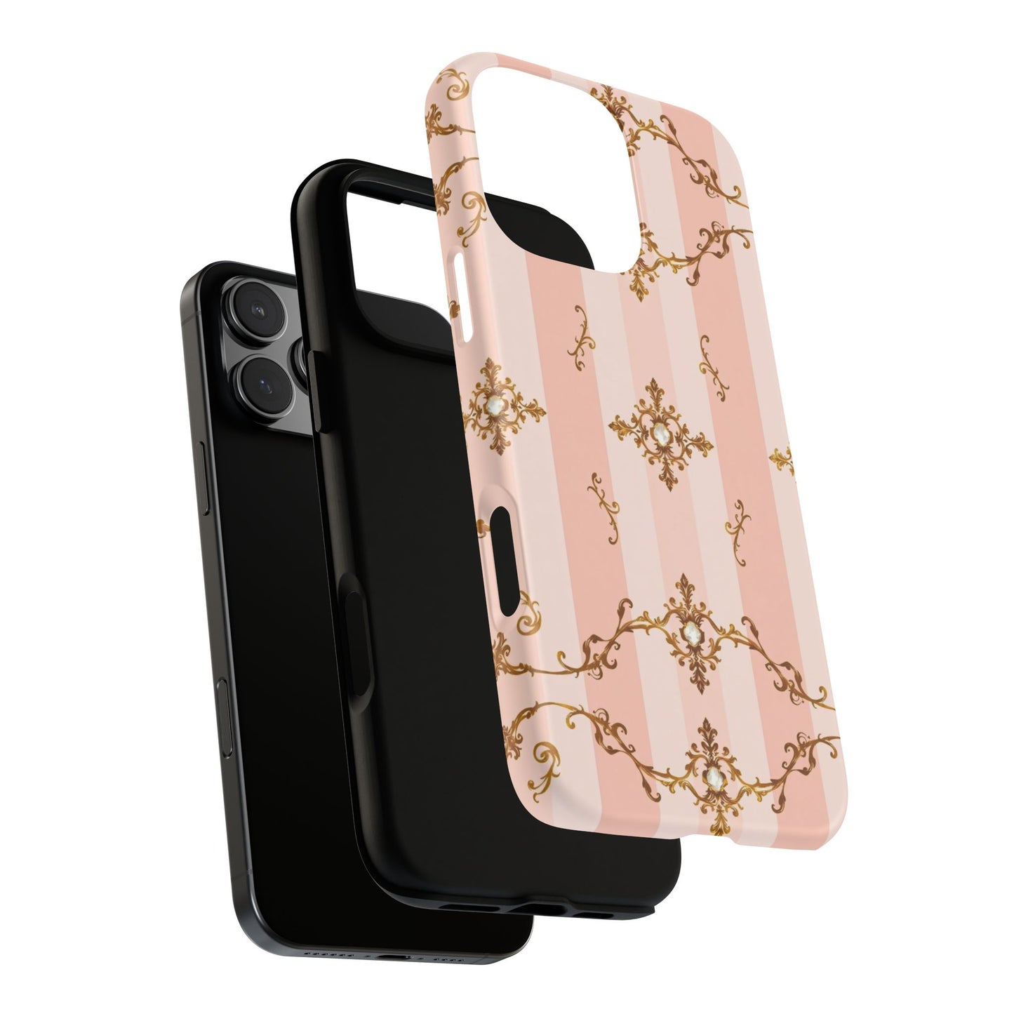 Elegant Floral Phone Case, Tough Cases for Women, Trendy Phone Cover, Chic Gift - Pink Jeweled Striped Gold Baroque