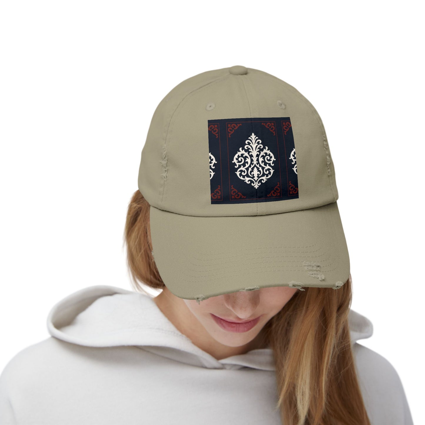 Dusk Blue & Maroon-White Baroque Distressed Cap with Ornamental Medallion Patch