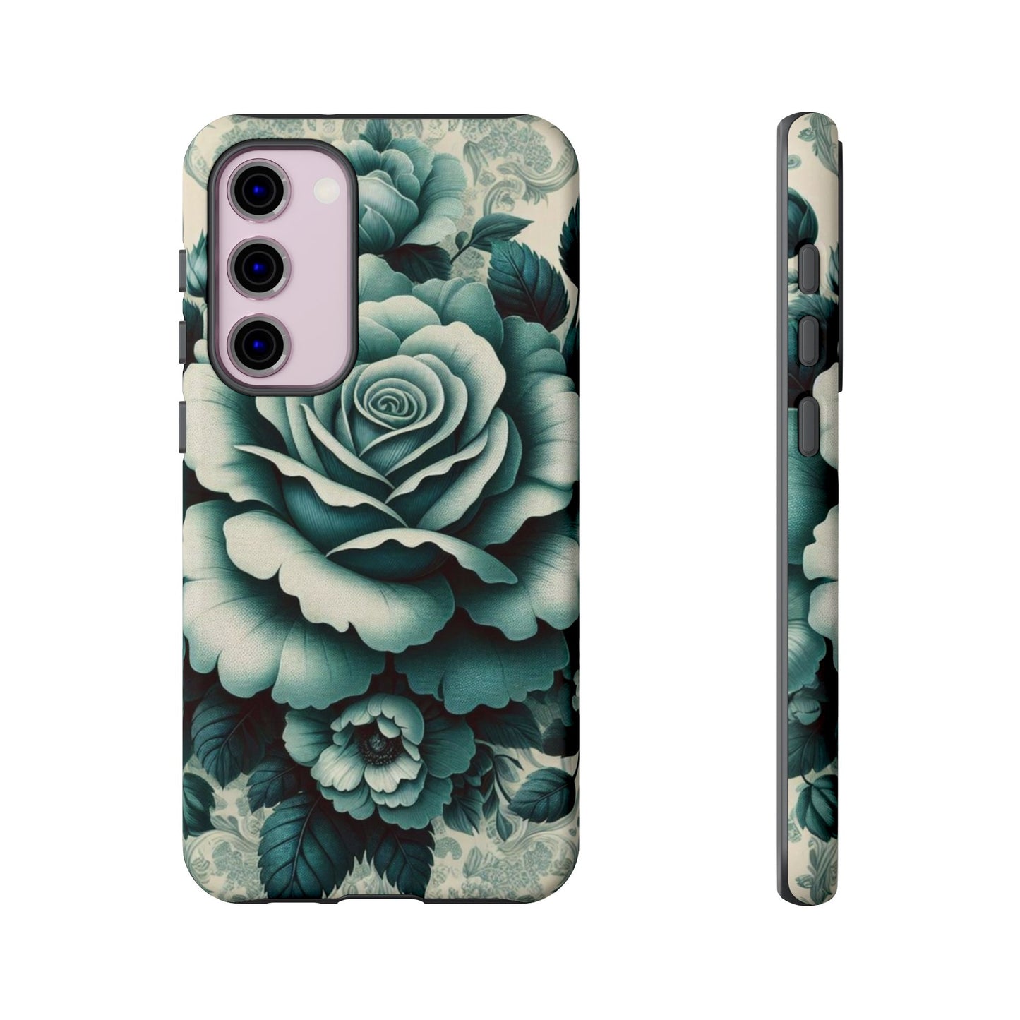 Elegant Floral Motif Phone Case - Tough Cases with Vintage Design - Teal Roses & Damask
