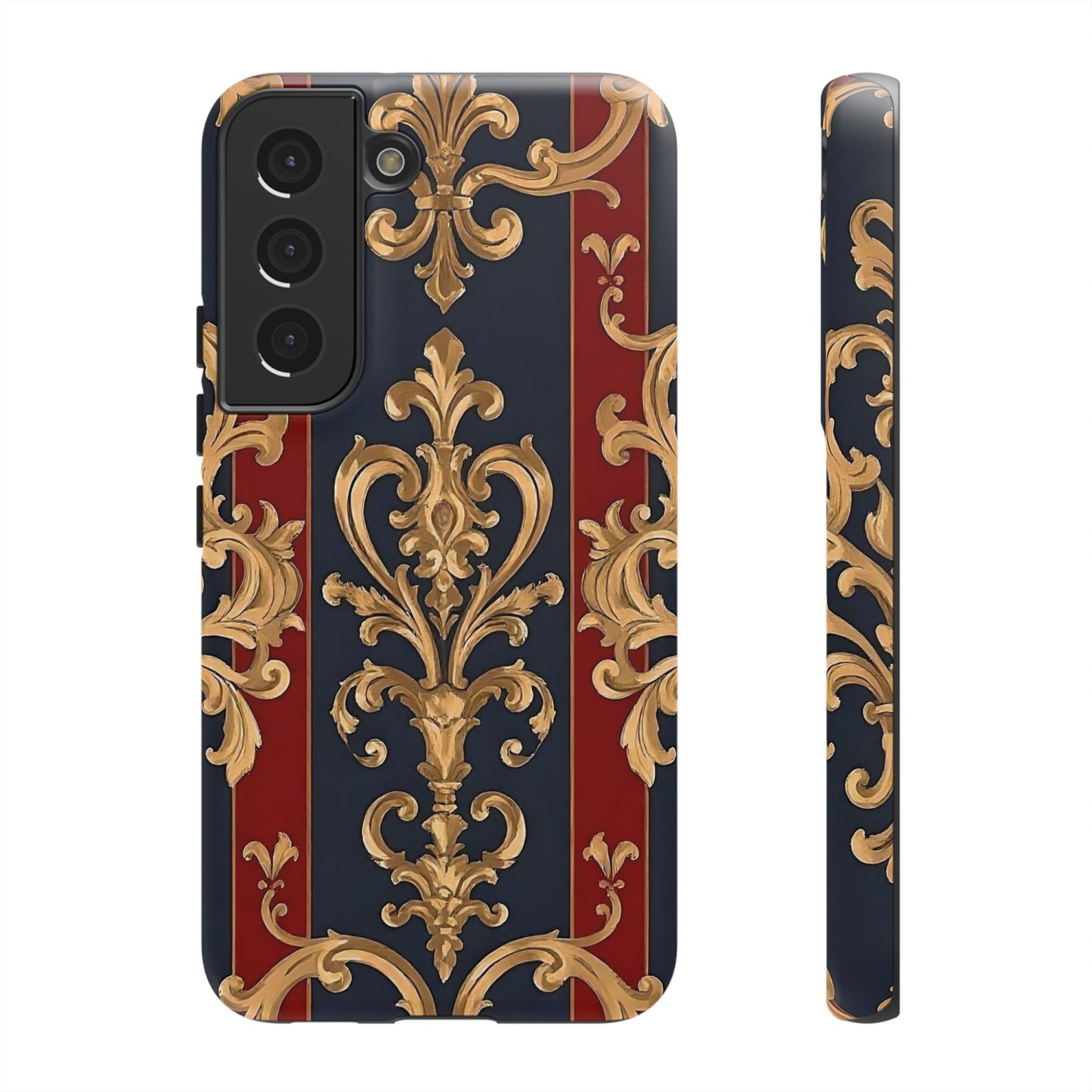 Elegant Floral Motif Phone Case - Tough Cases with Vintage Design - Midnight Blue & Dusk Red Striped Gold Damask