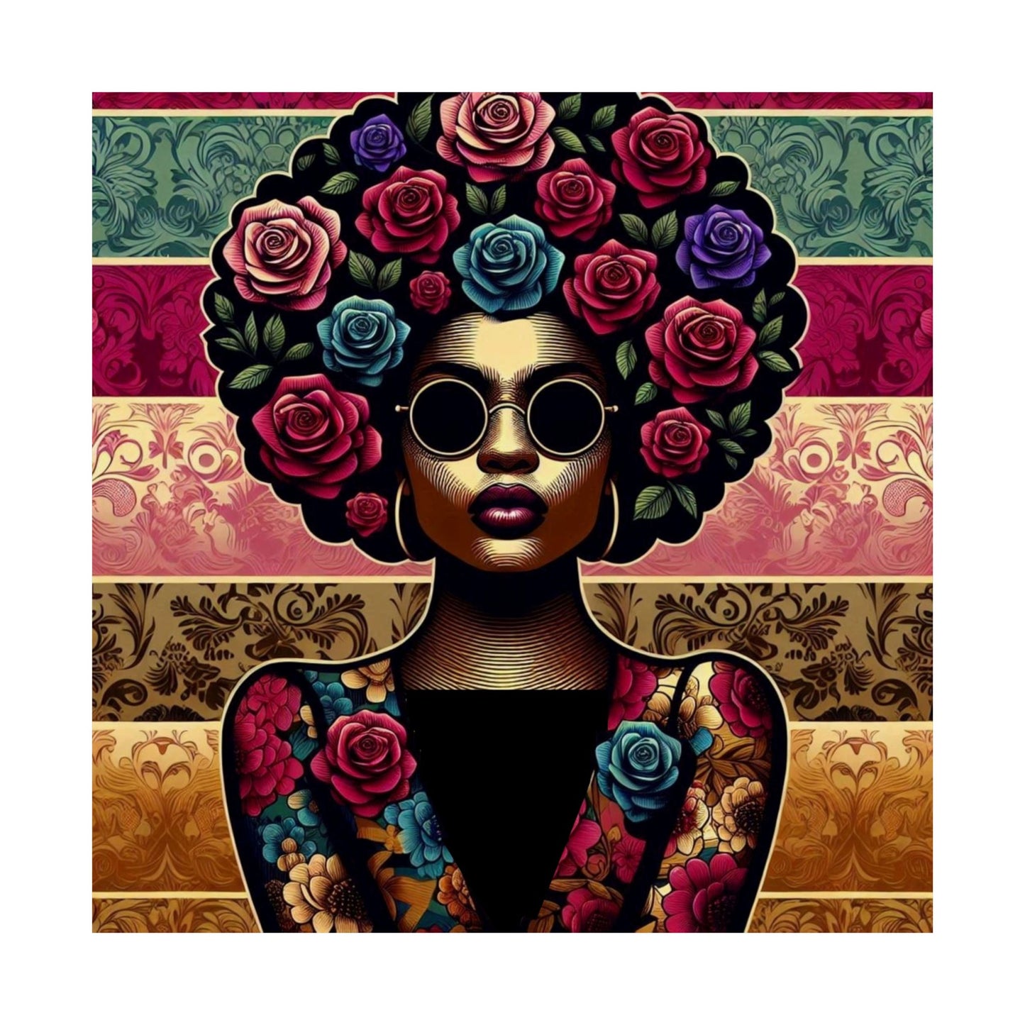 Floral Afro Art Poster - Elegant Matte Vertical Wall Decor - Lady With Damask & Roses