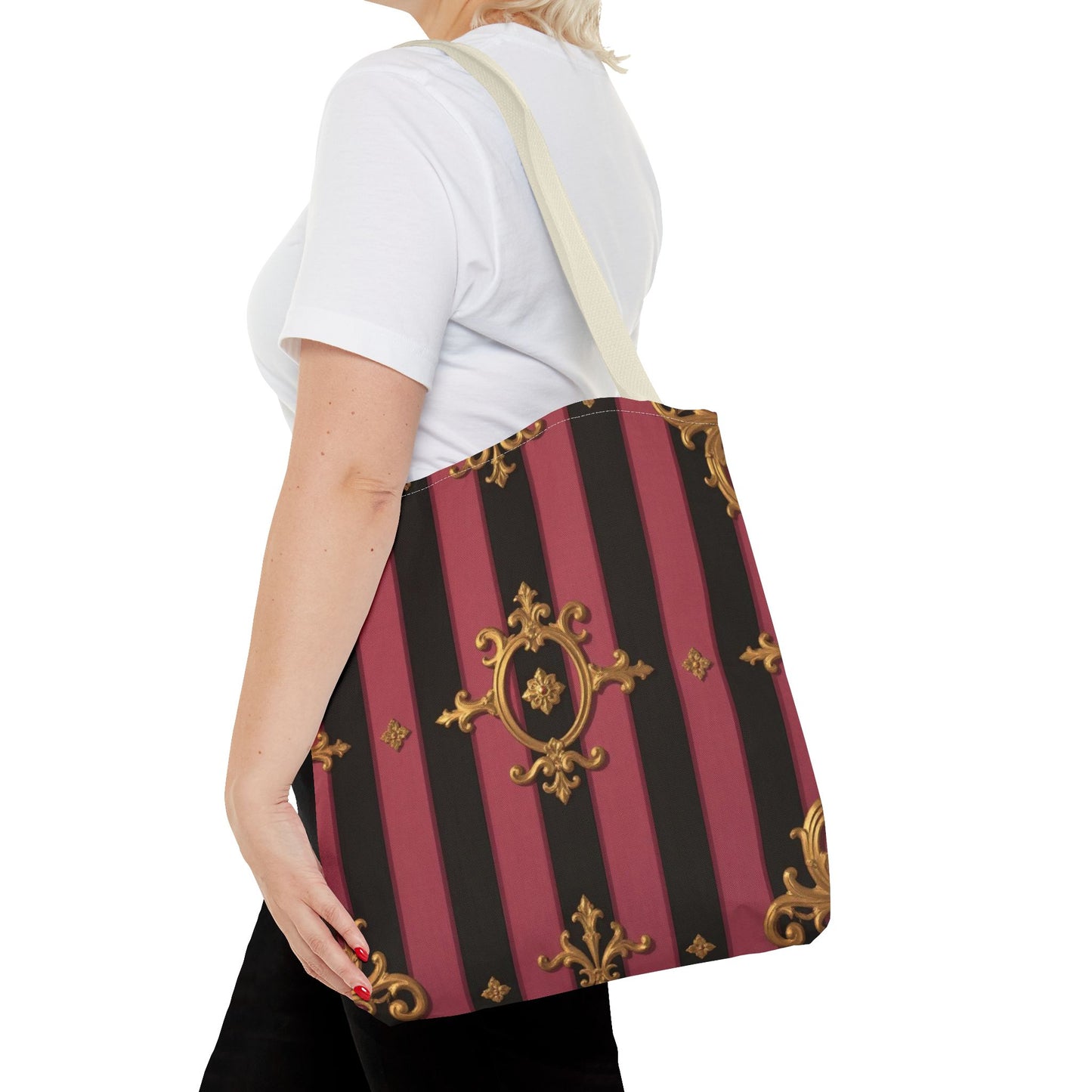Elegant Black & Mauve Striped Gold Baroque Tote Bag - Chic Fashion Accessory, Shopping Companion, Decorative Carryall, Stylish Everyday Use