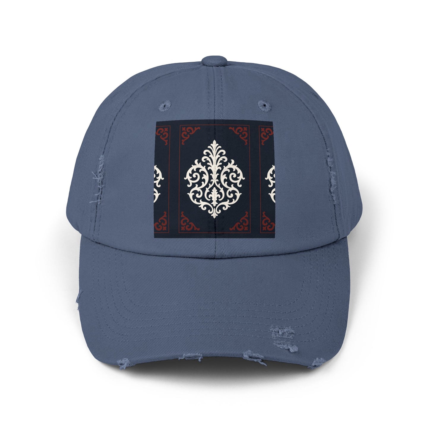 Dusk Blue & Maroon-White Baroque Distressed Cap with Ornamental Medallion Patch