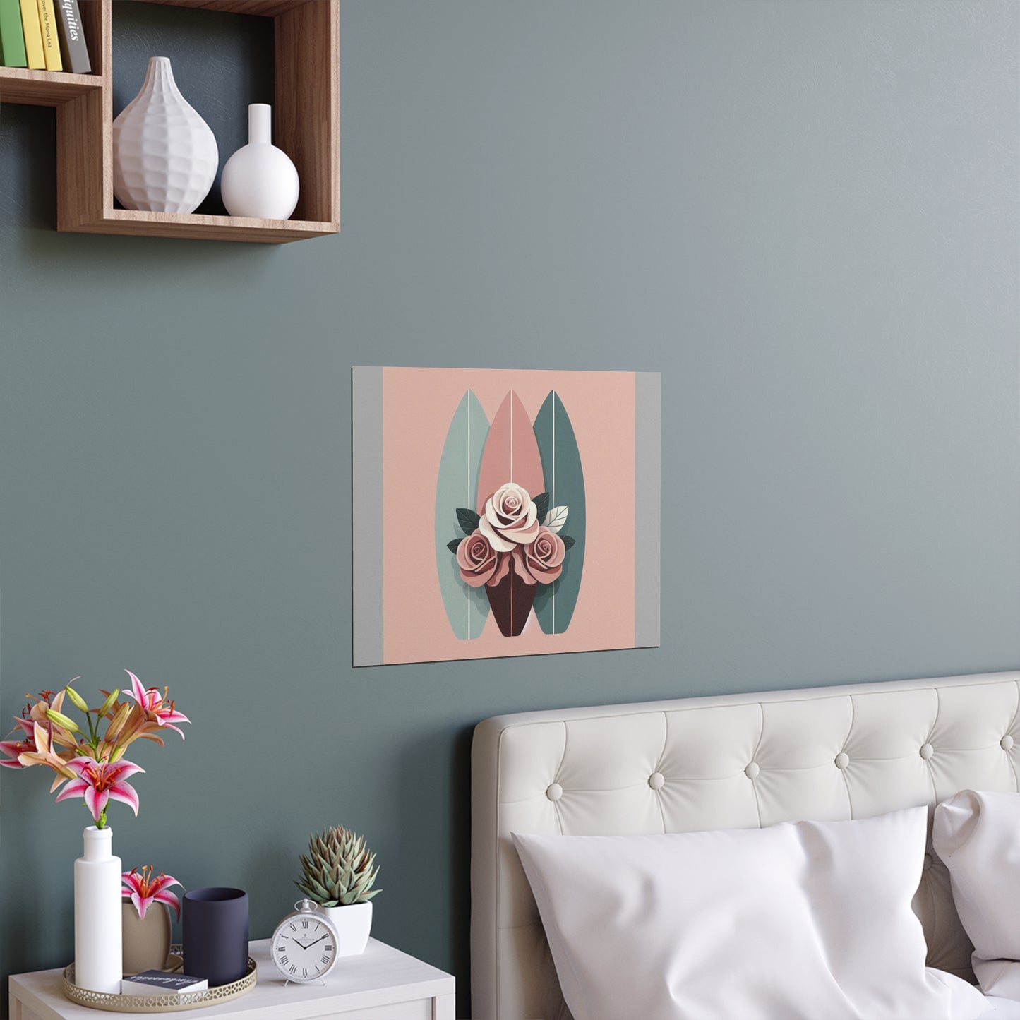Elegant Floral Silk Poster - Indoor/Outdoor Wall Art for Home Decor - Burgundy, Matte Mauve & Teal Surfboard & Roses