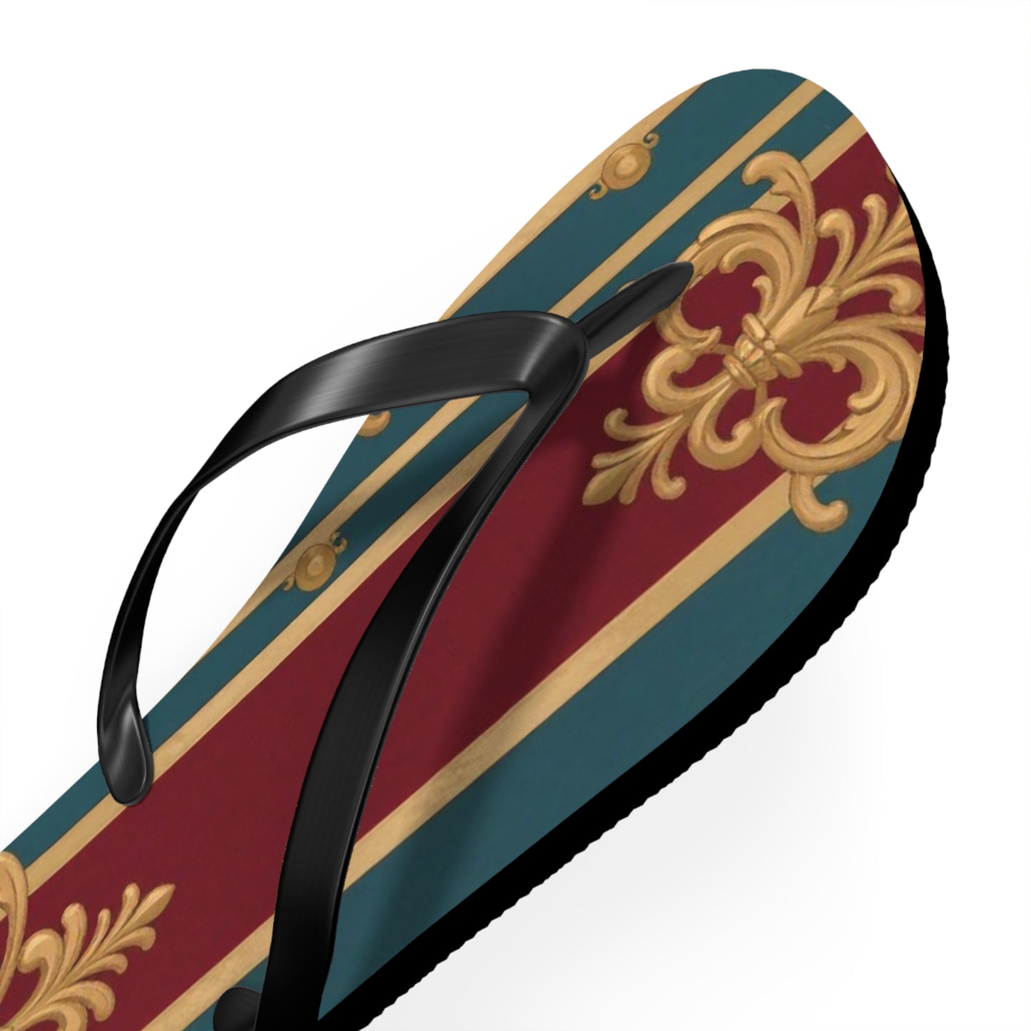 Elegant Floral Pattern Flip Flops, Stylish Beach Footwear, Summer Accessories, Vacation Sandals - Burgundy Striped Gold Baroque