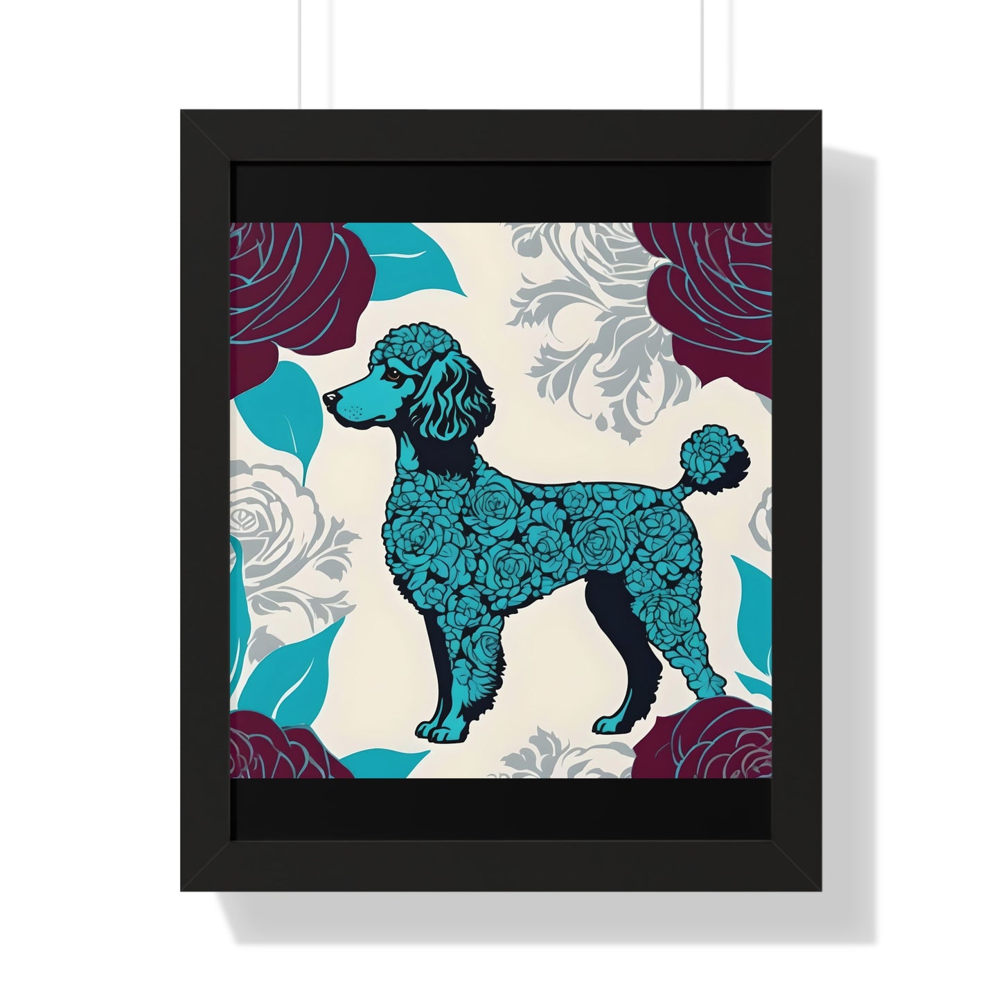 Vertical Poster - Stylish Framed - Art for Home Decor - Rose Inspired Turquoise Poodle With Burgundy Roses
