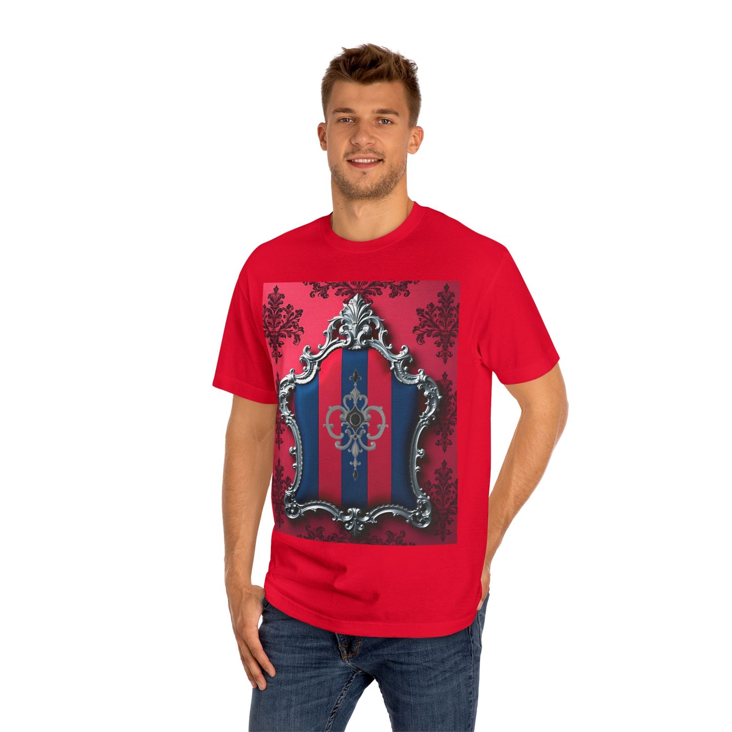 Vintage Couture Shield Unisex Classic Tee, Fashion T-Shirt, Gift for Fashion Lovers, Casual Wear, Unique Graphic Shirt - Blue & Red Striped Silver Crest