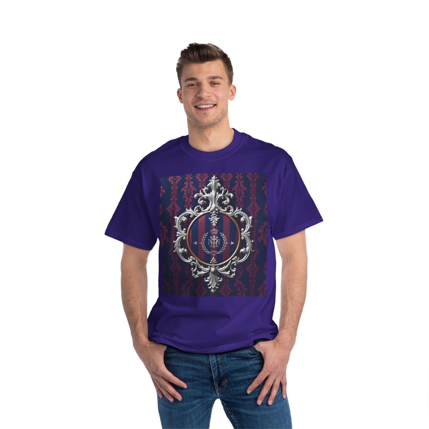 Elegant Unisex Graphic T-Shirt - Vintage Inspired, Casual Wear, Unique Gift, Art Tee, Fashion Statement - Blue & Plum Striped Silver Crest