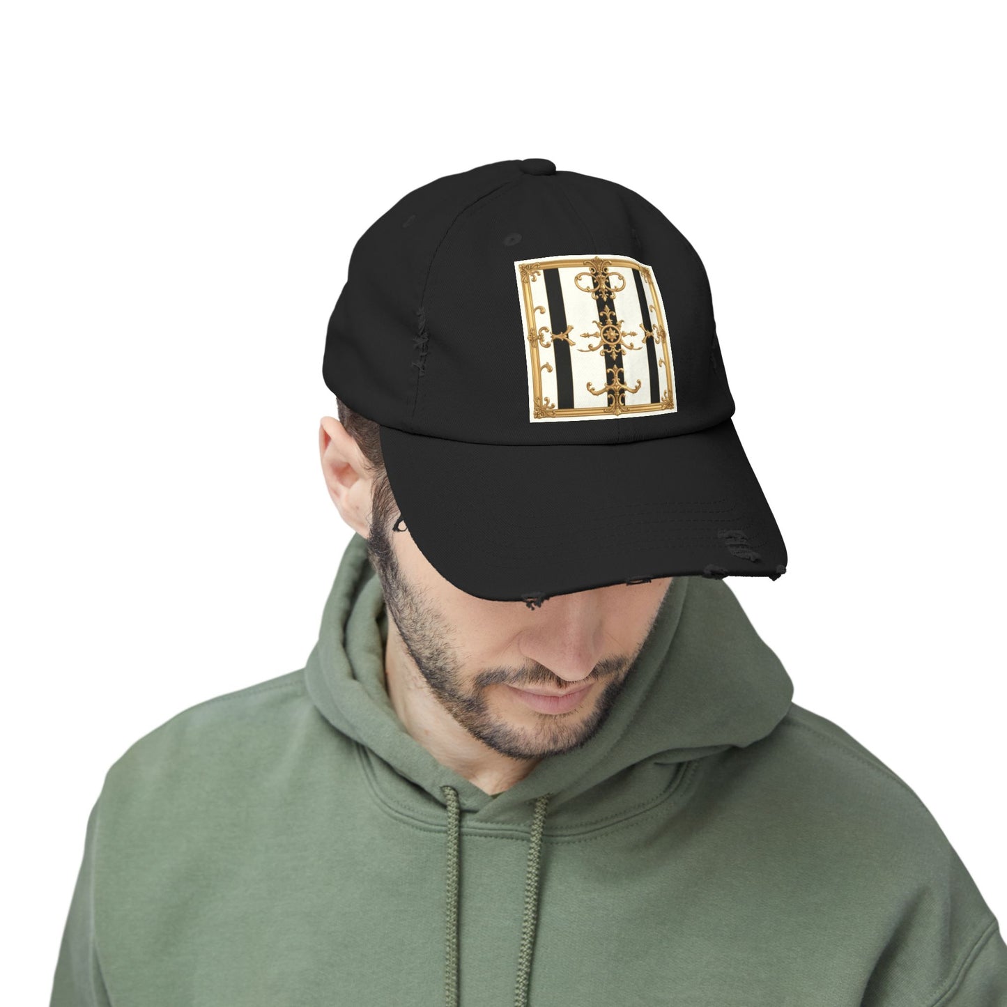 Stylish Distressed Cap with Unique Gold Design, Trendy Hat, Casual Wear, Gift for Him/Her - Black & White Striped Gold Baroque