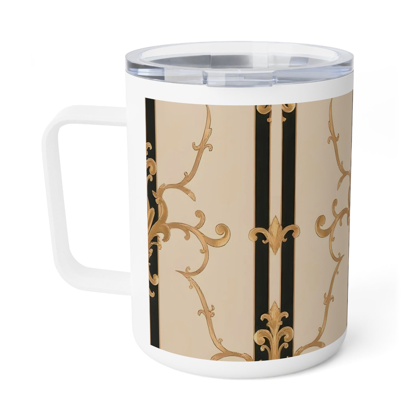 Stylish Insulated Coffee Mug - Elegant Black & Gold Design, 10oz Travel Mug for Coffee Lovers, Gift Idea - Black & Beige Striped Damask