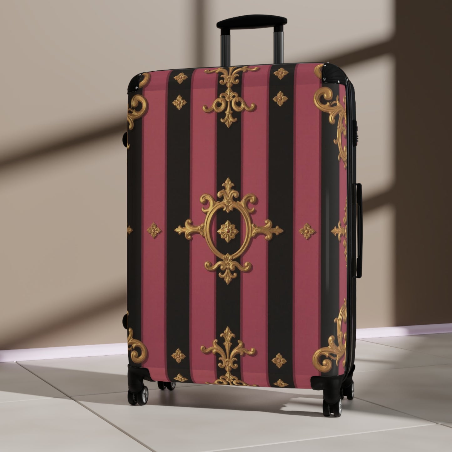 Elegant Black & Mauve Striped Gold Baroque Suitcase, Travel Luggage, Designer Carry-On, Stylish Baggage for Fashion Lovers