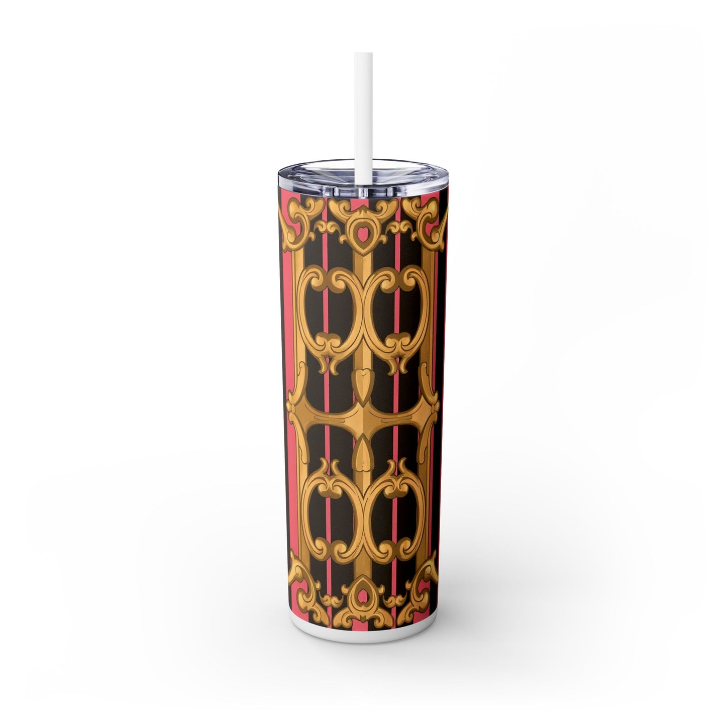 Chic Pink Striped Skinny Tumbler, 20oz | Elegant Travel Mug, Perfect Gift for Birthdays - Pink & Black Striped Gold Baroque