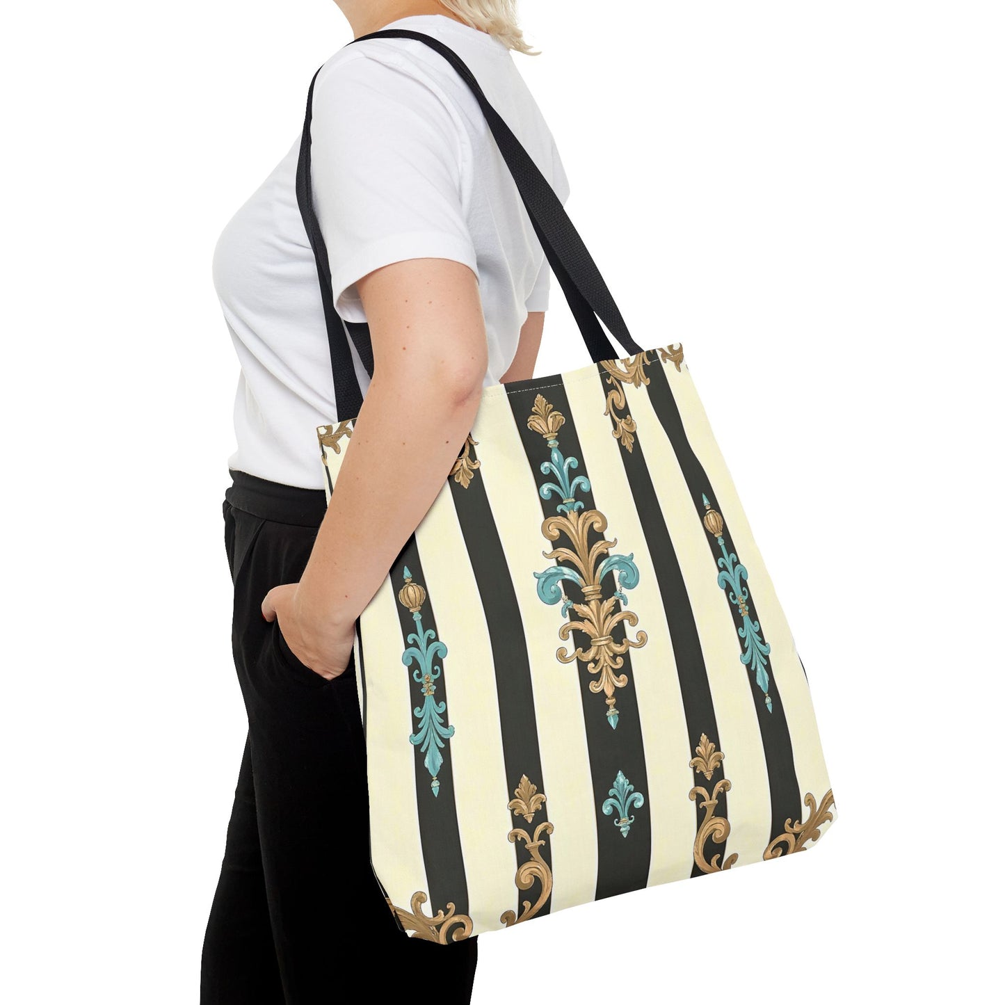 Elegant Stripe Pattern Tote Bag | Fashionable Reusable Shopping Tote, Eco-Friendly Gift Bag - Black Striped Turquoise & Black Rococo