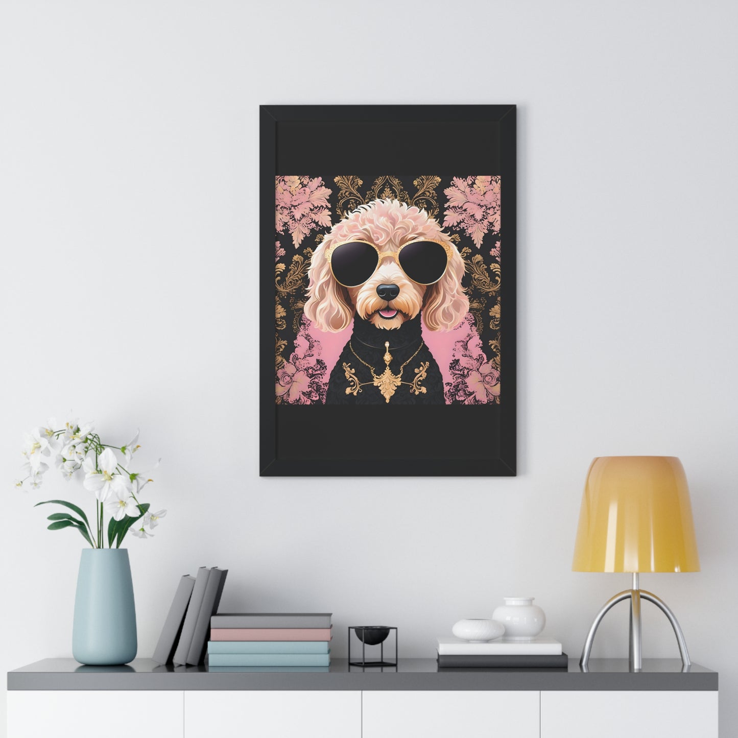 Vertical Poster - Golden Doodle in Damask and Shades - Wall Art - Kid Friendly