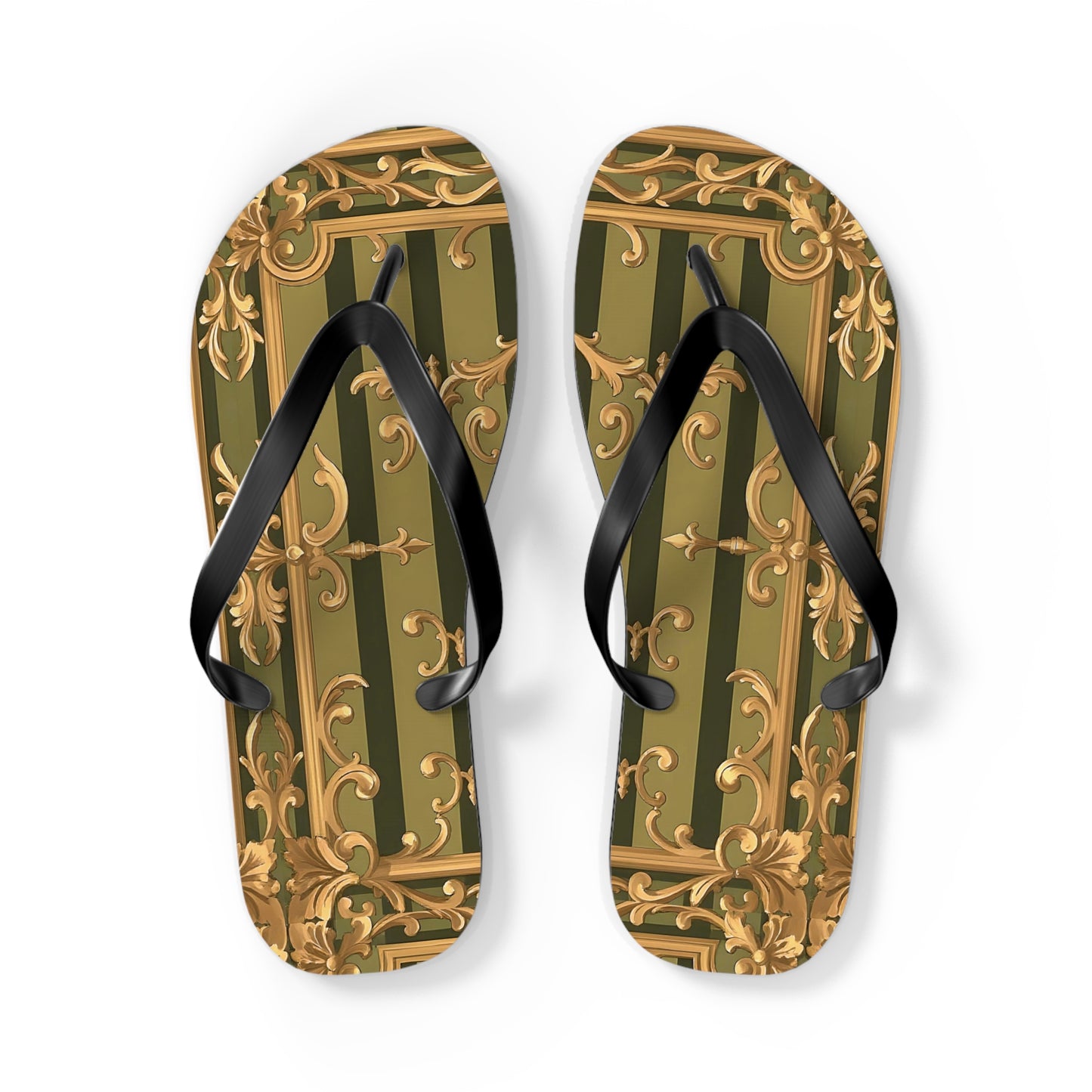 Elegant Floral Flip Flops, Summer Sandals, Beach Footwear, Vacation Essentials, Gift for Her, Outdoor Adventures - Olive Green Striped Rococo