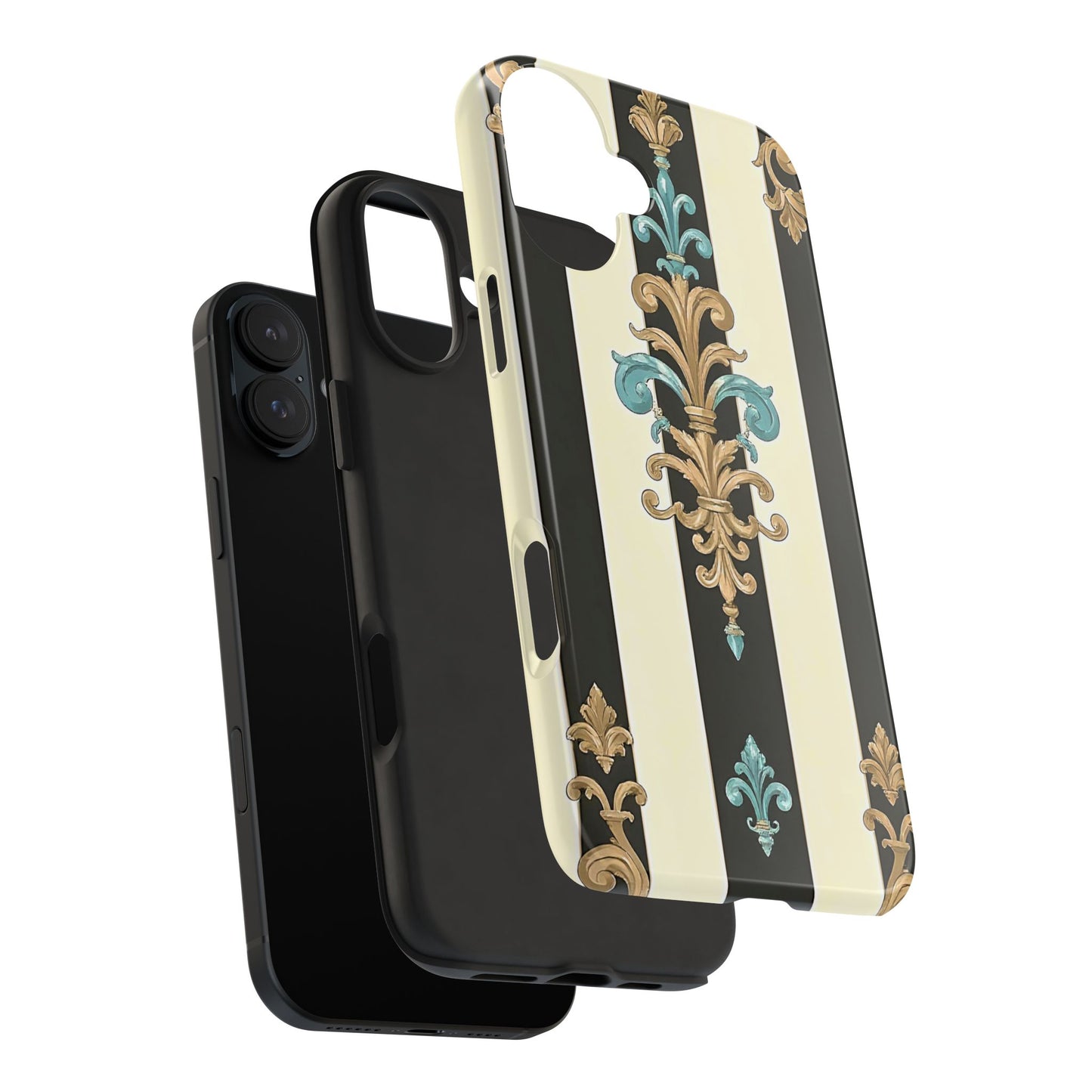 Elegant Vintage Tough Phone Cases, Stylish Phone Accessories, Quality Protection, Gifts for Her - Black Striped Turquoise & Black Rococo