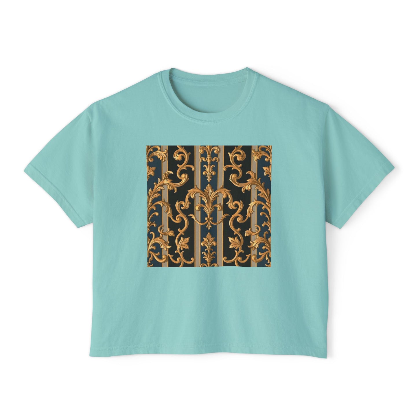 Chic Women's Boxy Tee with Elegant Gold Design, Casual T-Shirt, Stylish Summer Top - Blue & Black Striped Rococo