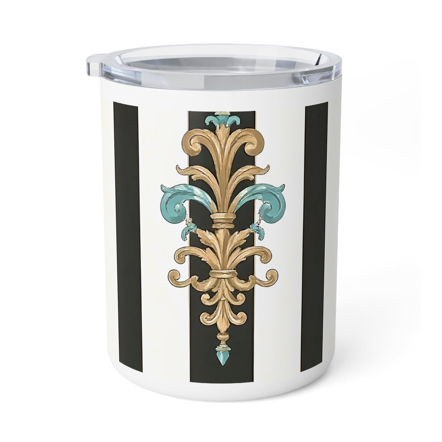 Elegant Vintage Insulated Coffee Mug, 10oz | Floral Design | Perfect for Home, Gifts, Mother's Day, Weddings - Black Striped Turquoise & Black Rococo