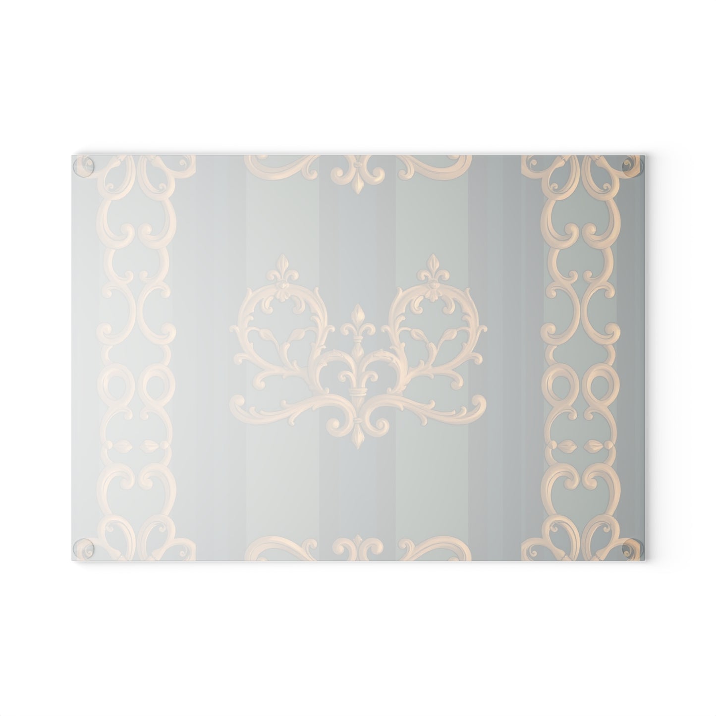 Elegant Vintage Glass Cutting Board with Ornate Design - Smoky Blue & Teal Striped Baroque