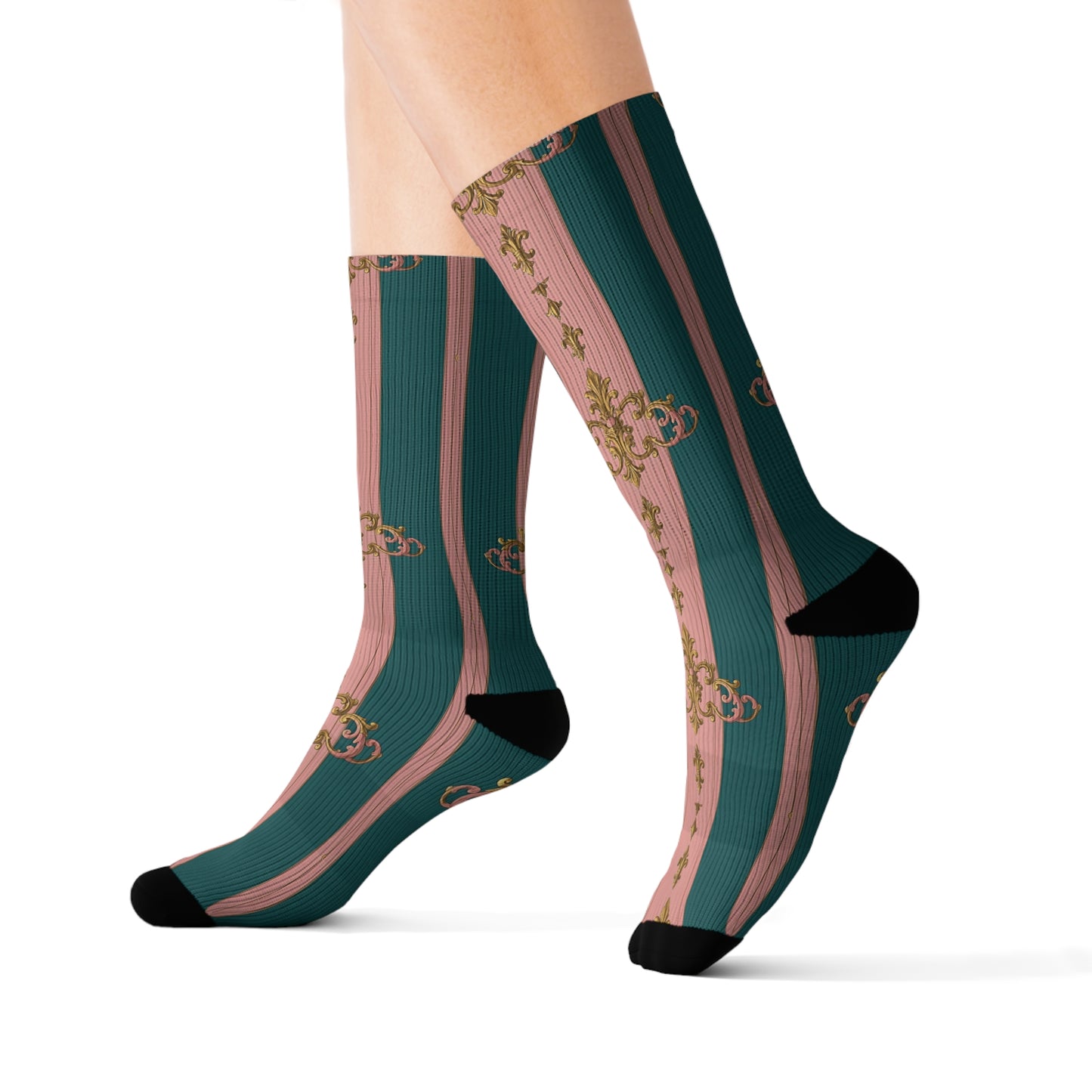 Chic Sublimation Socks, Fashion Accessories, Gift for Her, Trendy Socks, Unique Design, Casual Wear - Pink & Teal Striped Gold Baroque