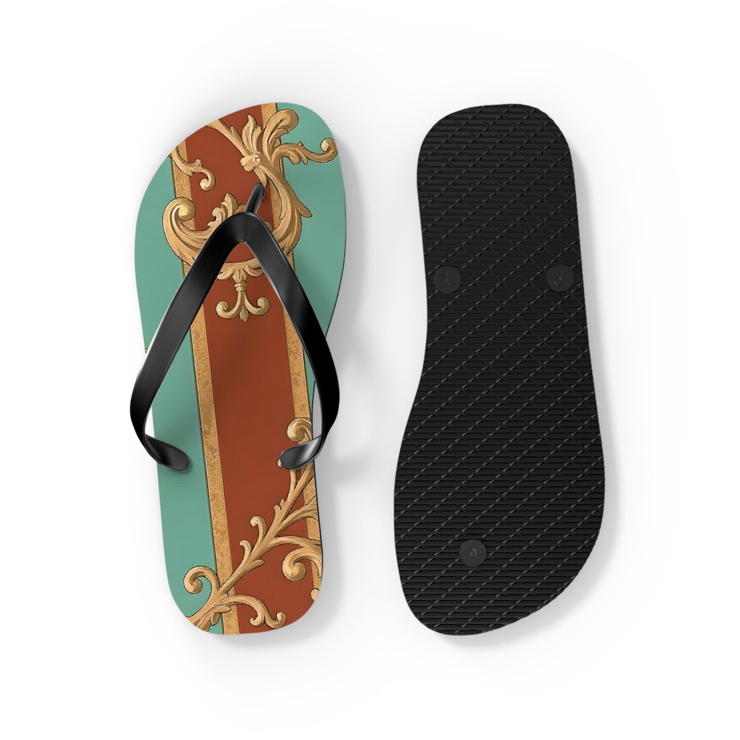 Elegant Vintage Flip Flops with Ornate Design - Perfect for Summer & Beach Getaways - Rust & Mint Aqua Striped Baroque