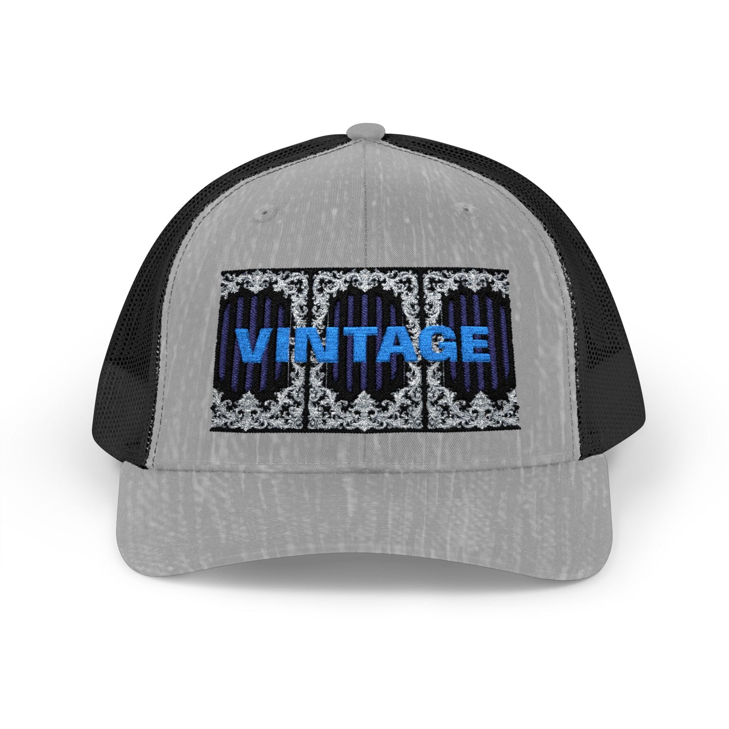 Vintage Navy Stripes & Baroque Trucker Cap — Retro 'VINTAGE' Embroidered Snapback