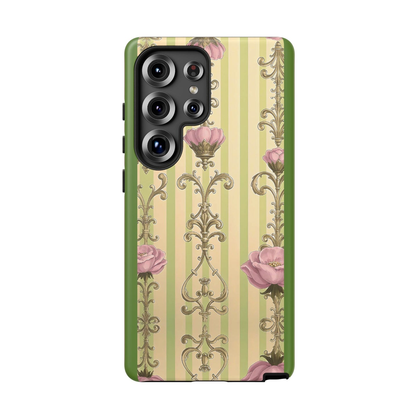 Elegant Floral Motif Phone Case - Tough Cases with Vintage Design - Lime Green & Pink Striped Damask