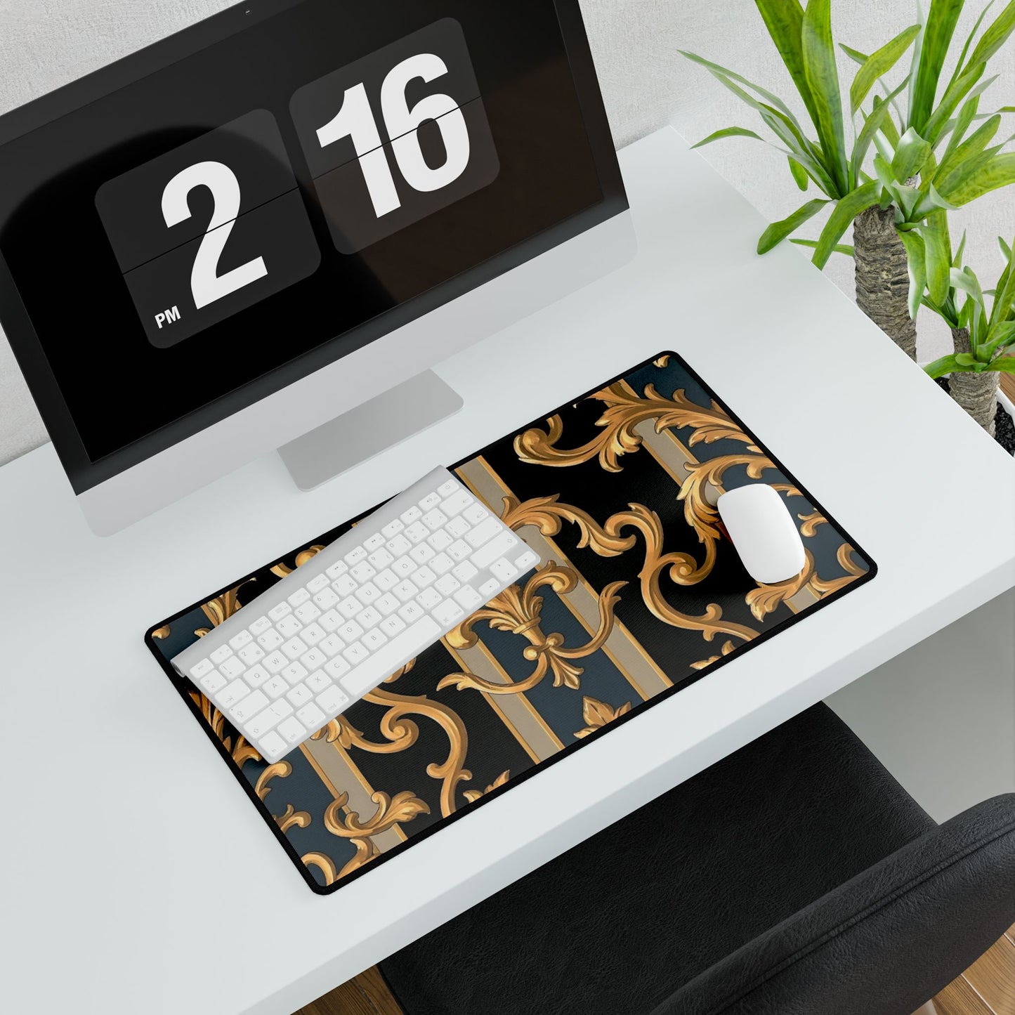 Elegant Office Desk Mats, Stylish Desk Protector, Gaming Mouse Pad, Home Office Decor - Blue & Black Striped Rococo