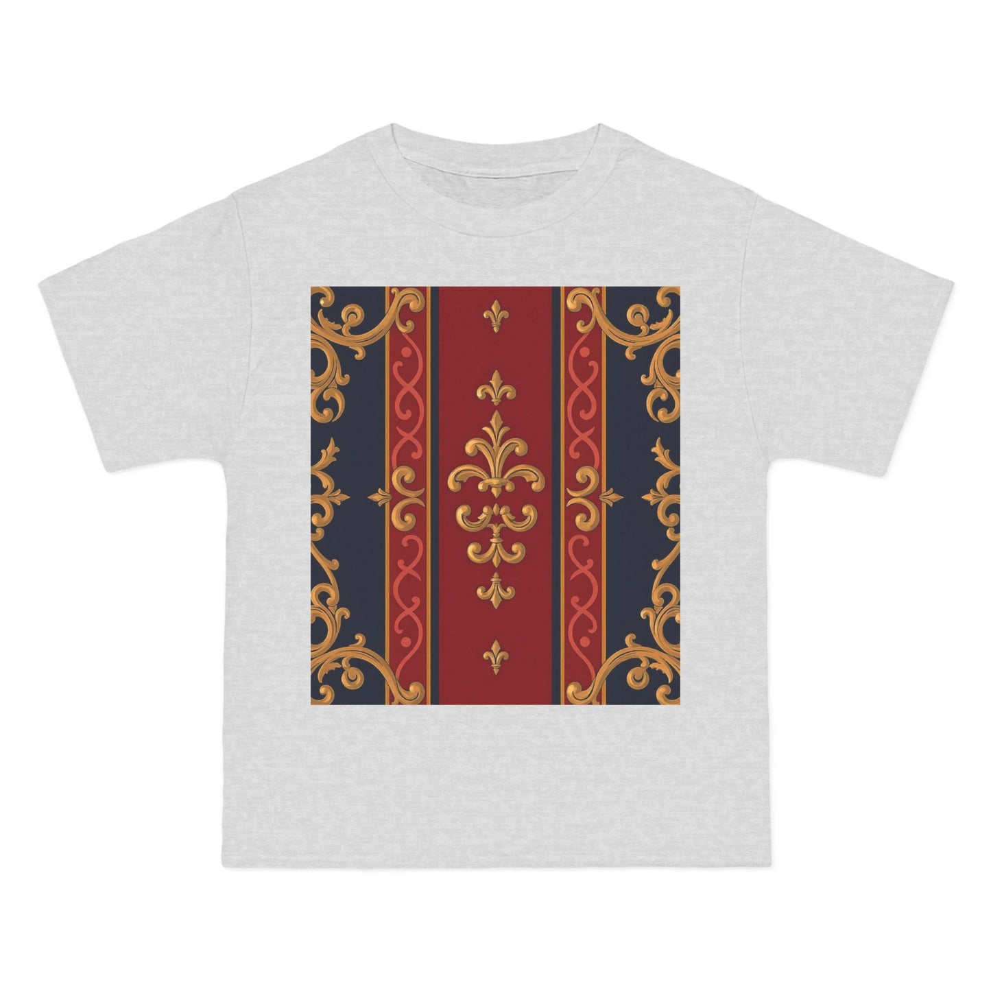Elegant Patterned Short-Sleeve T-Shirt, Stylish Tee, Vintage Design Top, Casual Wear, Fashionable Gift - Midnight Blue & Dusk Red Gold Baroque